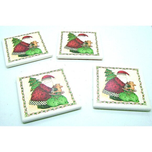 Decorative Art Tile Coaster Set 4 Santa Delivering Gift Holiday Christmas Decor - Picture 2 of 7